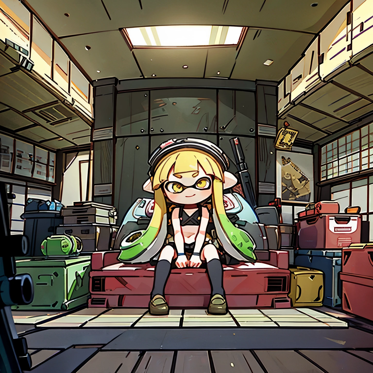 masterpiece、Highest quality、High resolution、Inside the room、Large armory、An arsenal of American taste、Wide angle、Fisheye Lens、((Splatoon Girl))、Golden Eyes、Khaki Tentacle Hair、smile、camouflage bikini、Beautiful depiction of girls、Sitting in a chair、Choosing a weapon、、Mechanical Room、There are lots of guns on display、Put a gun on the wall、Lots of guns、Guns lined up on the wall、Ammunition boxes lined up、A shelf with weapons、