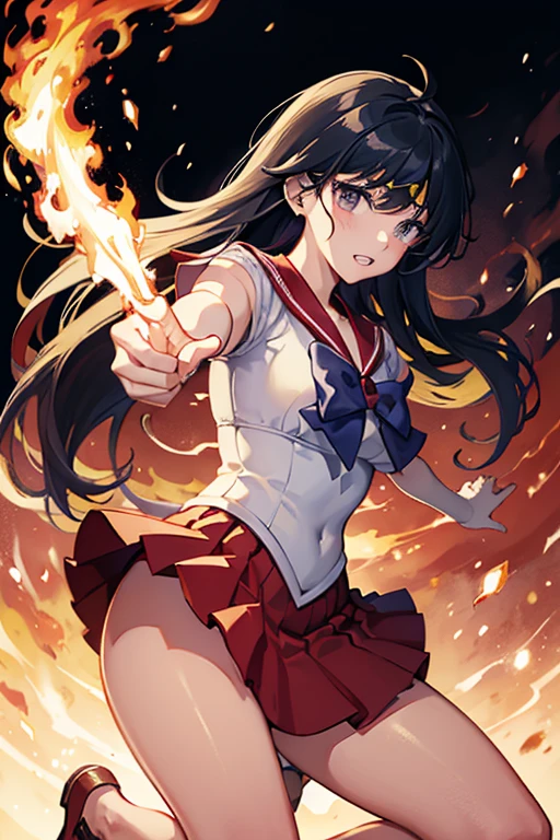 masterpiece, Highest quality, Absurd, Perfect Anatomy, One girl, alone, Mars, Very long hair, Parted bangs, Sailor Warrior Uniforms, Red Sailor Collar, Red Skirt, Elbow hand pockets, Cartoon flames in the background, Stylized Background,Get down on one knee、The uniform is cut up、Crippling、Both hands tied with rope、I have a lot of injuries、engulfed in flames、Continued one-sided attacks、