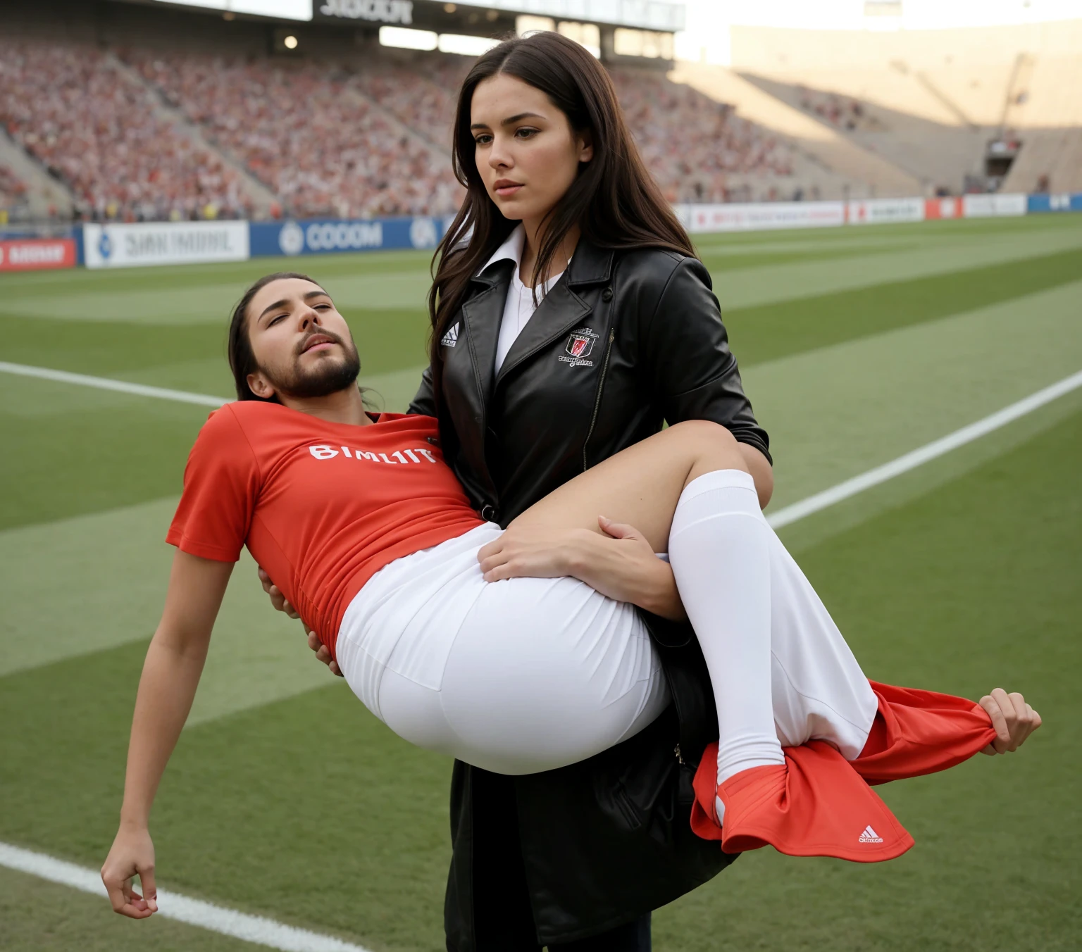 woman carrying man, a passed out bearded man is carried, a woman is carrying a fainted bearded man, a consciousless bearded man, a woman and a bearded man, Andrea carries the wounded man's body in her hands, Andrea grabs his legs and his body with her hands, the bearded man in Andrea's arms is visibly in pain, stadium atmosphere, the bearded man is lying consciousless in Andrea's arms with one arm hanging down, A scene at a soccer stadium, a bearded man lying in a caring women's arms, lying helpless in her arms with his head dangling down, he has one arm dangling down while being carried in the women's arms, There is an attractive and heavily made-up woman in a long black leather coat, A pretty woman in a shiny black leather coat on a soccer field, A wonderful woman is holding a passed out man, A man in matt and roughened sportswear is held diagonal in her arms, a man in a woman's arms and lets one arm dangling down, we see the man held in front of the woman's body, the man is cradled in the woman's arm while being carried, the beautiful woman is exceptionally heavily made up and has an extremely desperate and very angry expression on her face, high-resolution photo, realistic sports photo, soccer scene, woman in black shiny long leather coat, injury scene, real photo, ultra realistic, high definition, sports photography