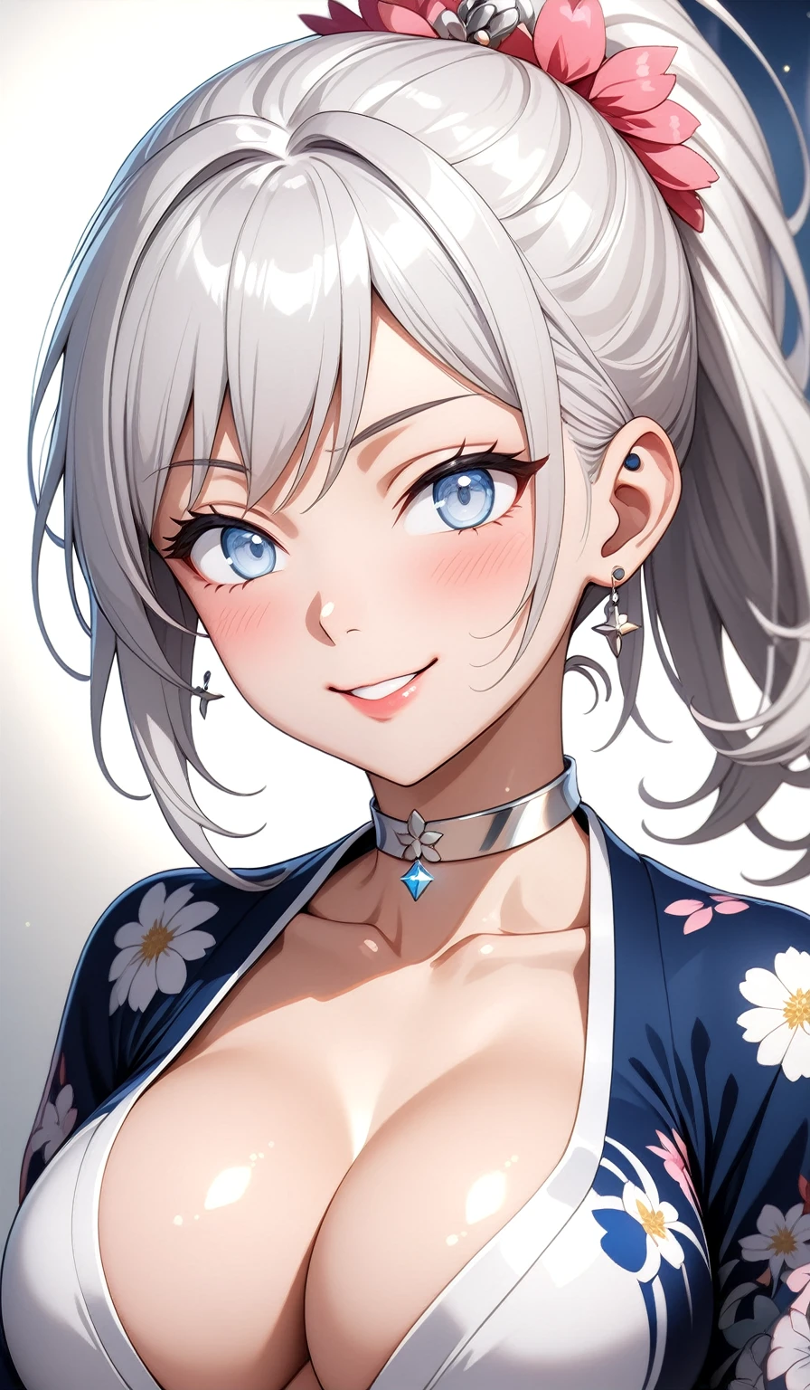 ((One personの女性)), Beautiful Face, (Laughing embarrassedly), (evil smile:1.2),((Wink:2.0)), (head tilt:1.3), Laugh with your mouth wide open,((Bright red cheeks:1.4)),Shiny red lips,Night view,port, firework,Laughing with your mouth open,Glossy red lips,Facial lighting, ((Anime style background)),masterpiece, Highest quality, so beautiful,up to date, Complex details, (Pink long nails),(ring),(bracelet),(Floral choker),AI-generated, Complex,High resolution, Highest quality, super high quality,3D Images、3D Images,One person,Long white hair,High Ponytail, Anime woman posing for a photo,(blue eyes), ((Fine grain、Silvery white, lightly pigmented eyes、Shining Eyes:1.3)), (Squint your eyes:1.1),a hyperRealistic , hyperRealistic , Realistic,Anime woman with long white hair, Smooth anime CG art, A woman in a colorful kimono with gold embroidery, (Black long sleeve kimono),Red floral pattern,Long flower hair ornament,Earrings,Mature Body,(Big Breasts:1.1),Tall,Abdominal muscles,Tight waist,(Zoom up to face:1.3), (front view),