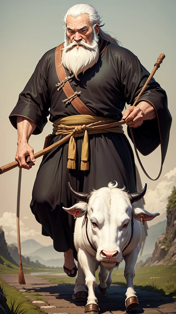Ancient Chinese thinker, a thin old man with a long white beard, traveling on a thin cow, carrying a thin cane in his hand, Ghibli anime style