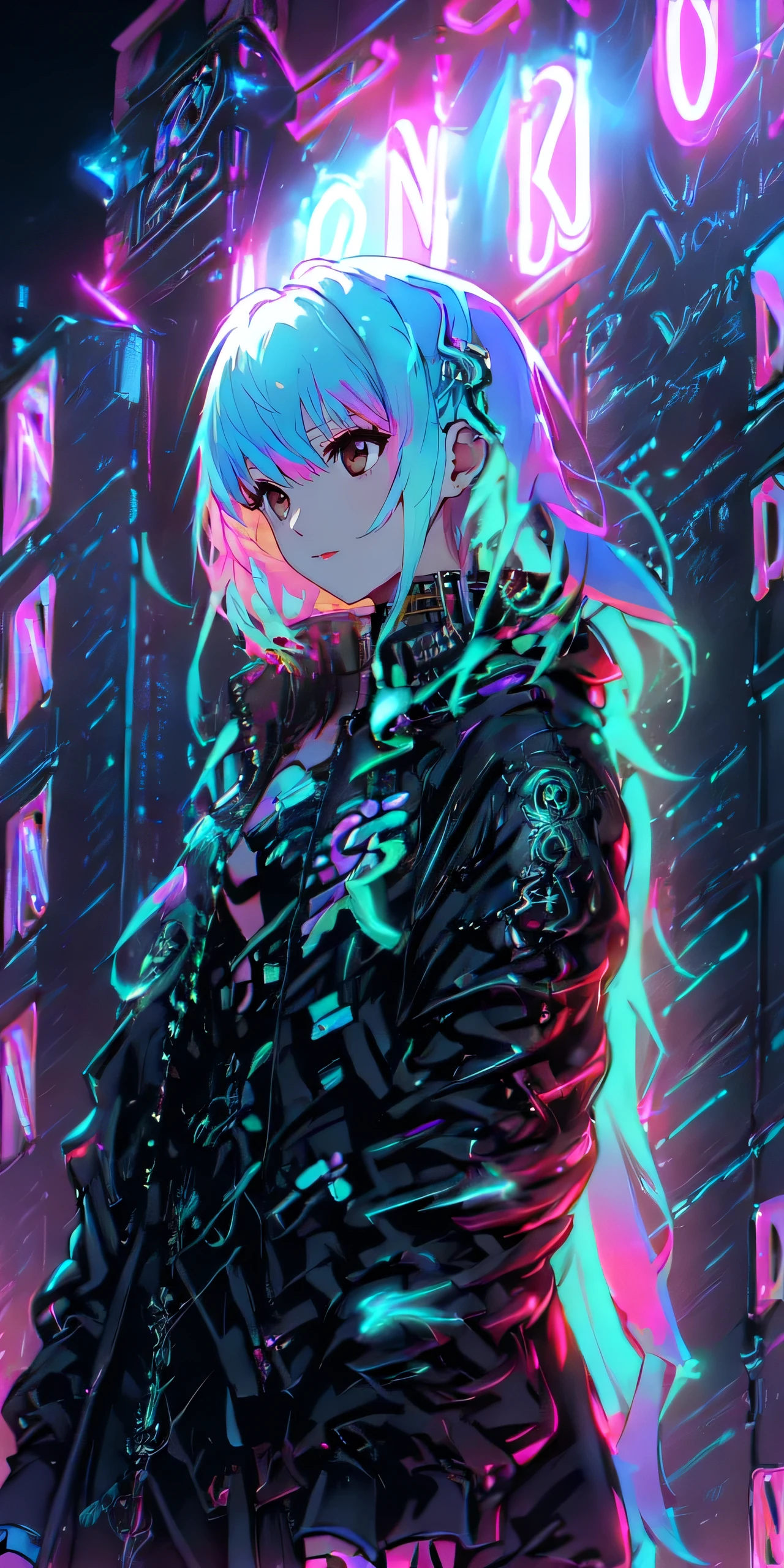 a masterpiece cyberpunk girl in a futuristic city, ((neon light:1.3)), professional lighting, colorful, ultra detailed, ribcage, demonic smile, skull, anime style, long black coat, open shirt, fire