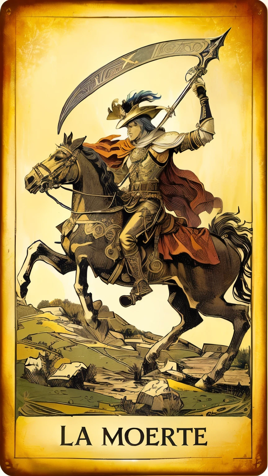 a Carta de tarot with a rider on a horse holding a scythe, death Carta de tarot, Tarot de la muerte, old-fashioned Carta de tarot, Carta de tarot goddess of death, [ Carta de tarot ]!!!!!, Carta de tarot, the Carta de tarot of earthly demise, Carta de tarot design, as a Carta de tarot, Carta de tarot the fool, Carta de tarot of a shirtless cowboy, Tarot Rider-Waite