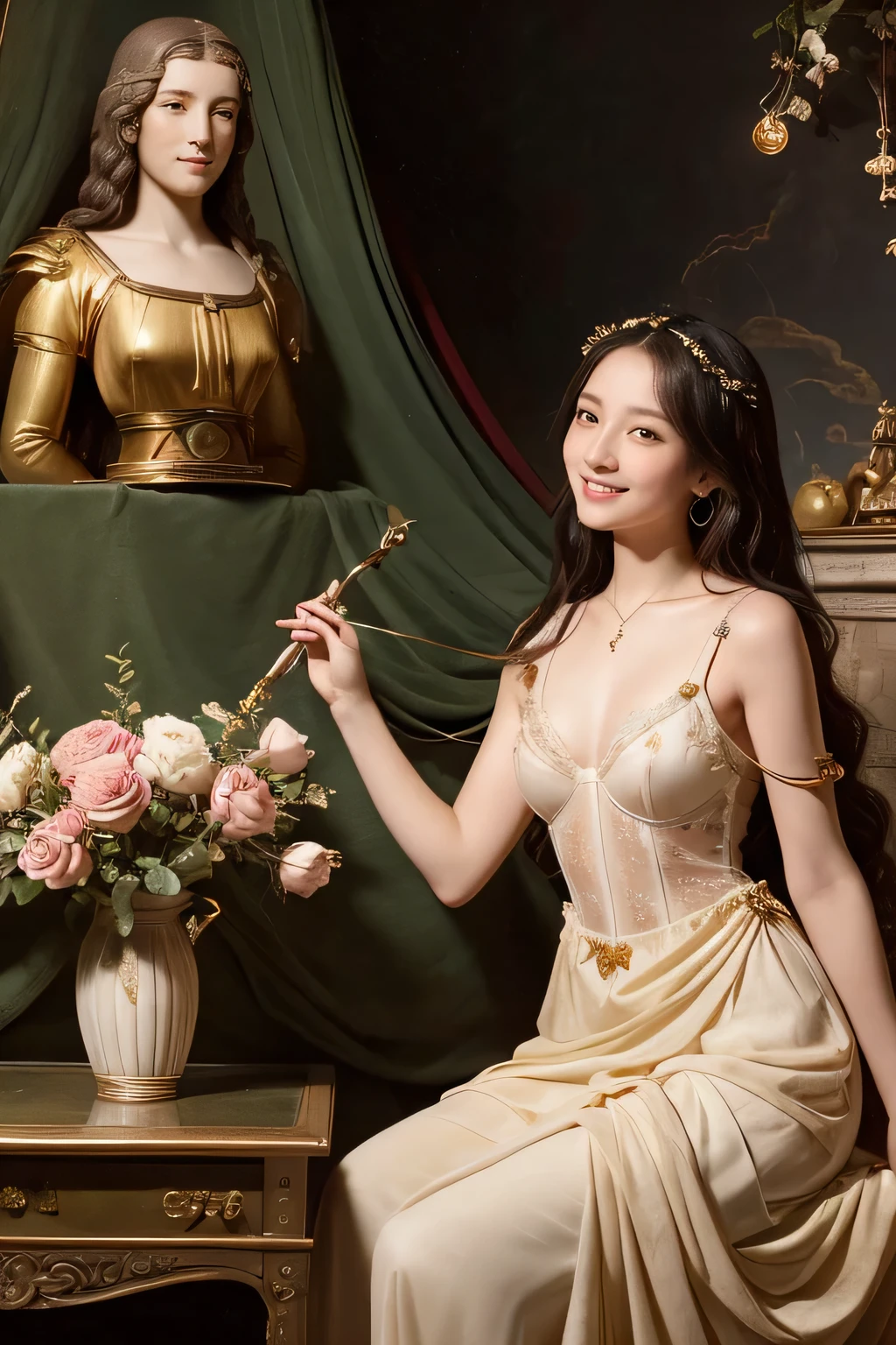 Giorgione painting style,Arguments of two female Philosophe,math、astronomical machine、astronaut、roses in vase、fruits、Cute trinkets、smile、ancient greek costume、Background is a forest lake at night 、Clothes that stretch your shoulders、A big smile、beautiful bare skin、A detailed representation of the seducing woman throughout her body.sexy,erotic smile