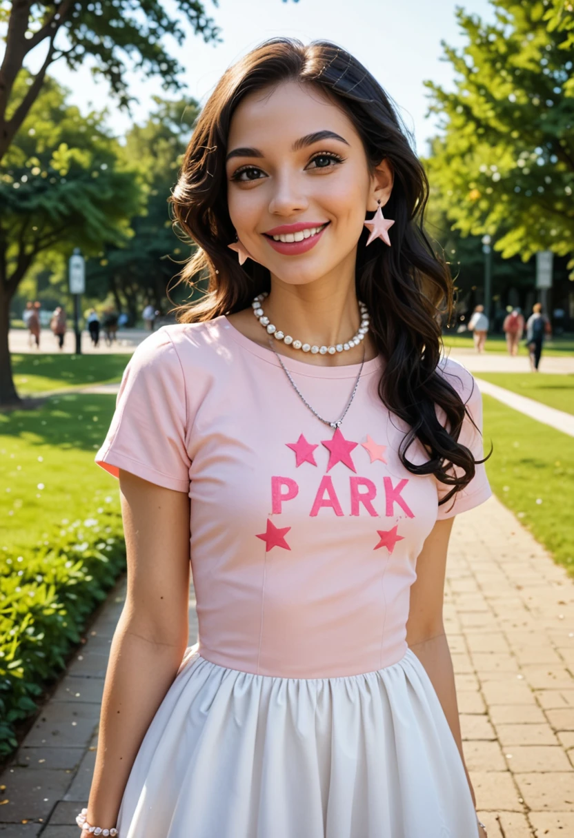 one girl at park ,pink big size shirt, cute smile ,white long dress , star bracelet , pearl necklace , black earrings , big lips .