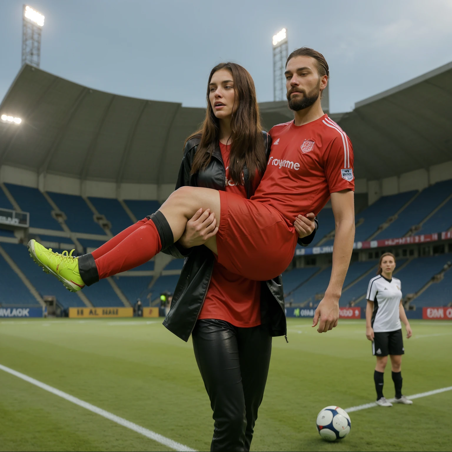 woman carrying man, a passed out bearded man is carried, a woman is carrying a fainted bearded man, a consciousless bearded man, a woman and a bearded man, Andrea carries the wounded man's body in her hands, Andrea grabs his legs and his body with her hands, the bearded man in Andrea's arms is visibly in pain, stadium atmosphere, the bearded man is lying consciousless in Andrea's arms with one arm hanging down, A scene at a soccer stadium, a bearded man lying in a caring women's arms, lying helpless in her arms with his head dangling down, he has one arm dangling down while being carried in the women's arms, There is an attractive and heavily made-up woman in a long black leather coat, A pretty woman in a shiny black leather coat on a soccer field, A wonderful woman is holding a passed out man, A man in matt and roughened sportswear is held diagonal in her arms, a man in a woman's arms and lets one arm dangling down, we see the man held in front of the woman's body, the man is cradled in the woman's arm while being carried, the beautiful woman is exceptionally heavily made up and has an extremely desperate and very angry expression on her face, high-resolution photo, realistic sports photo, soccer scene, woman in black shiny long leather coat, injury scene, real photo, ultra realistic, high definition, sports photography