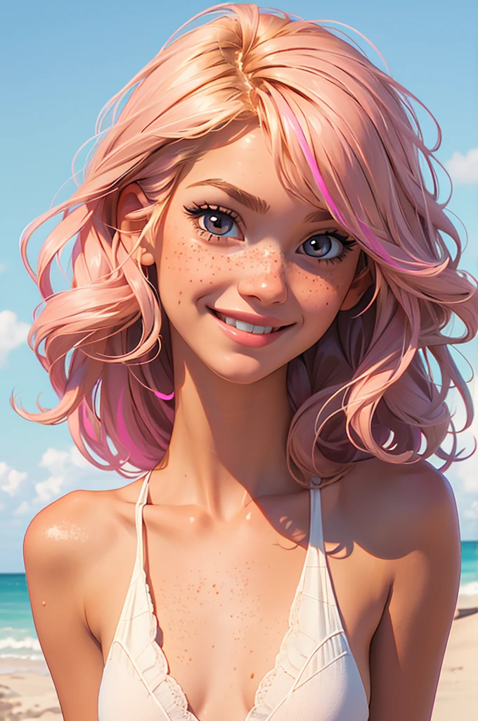 (best quality), 1girl, female, sun kissed skin, blonde hair, medium hair, swept bangs, pink streaked hair, brown eyes, perfect eyes, freckles, , slender, smile, small bust, masterpiece, anatomically correct, highres
