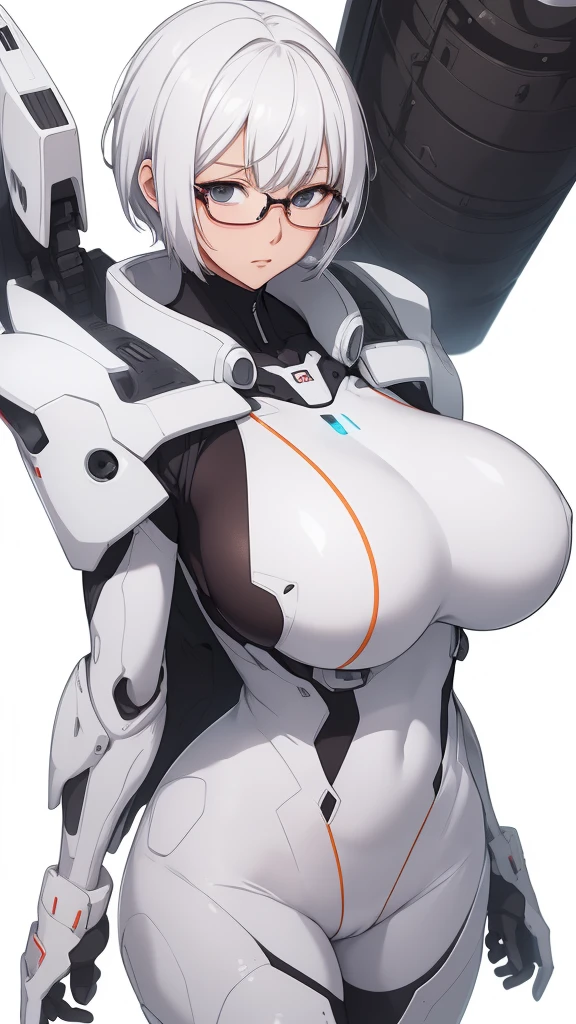 (one anime girl, glasses, white short hair, huge breasts, white futuristic suit, watching on viewer, shy pose), ((white background)),(((in full growth,full body)))