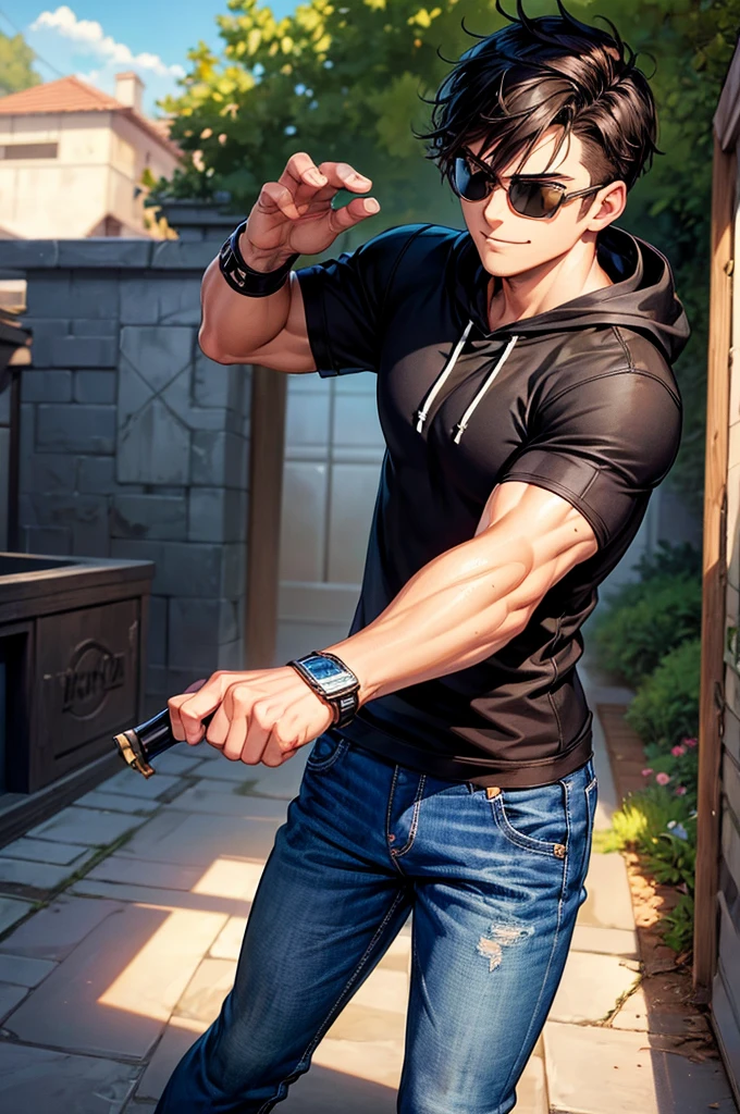 ((illustration)), (best quality)), ((masterpiece)), (detailed), ((front view)) comic cover, teenage, boy, dark hair, brown eyes, muscular, black shirt, hoodie, jeans, combat boots, sunglass, smirking, omnitrix,
