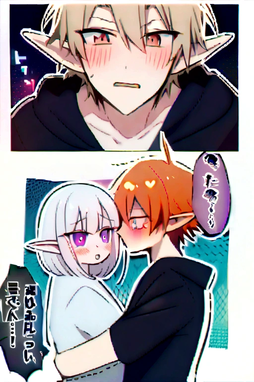 A beautiful girl and a handsome boy(their a couple),the girl has: short white hair,pointy elf ears,and violet eyes,the boy has messy Orange hair,and ash brown eyes (the boy is teasing the girl, who's blushing angrily)