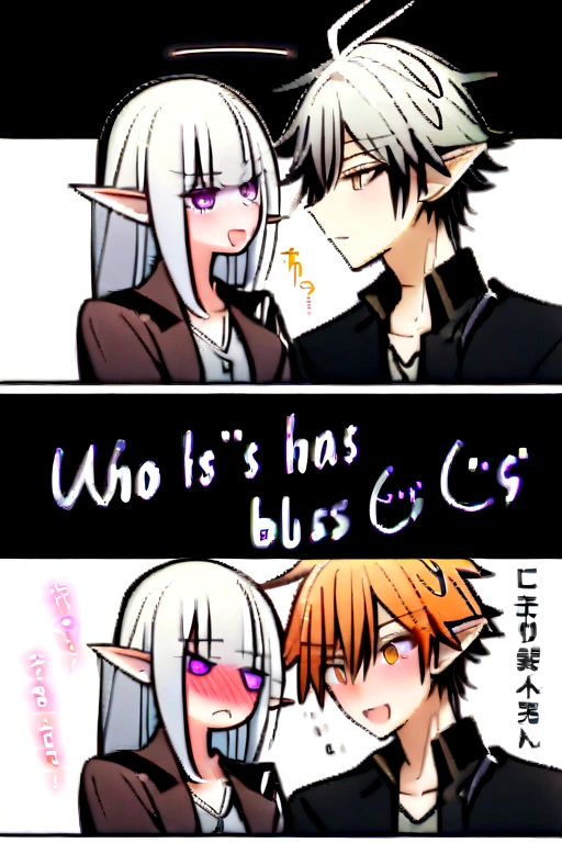 A beautiful girl and a handsome boy(their a couple),the girl has: short white hair,pointy elf ears,and violet eyes,the boy has messy Orange hair,and ash brown eyes (the boy is teasing the girl, who's blushing angrily)