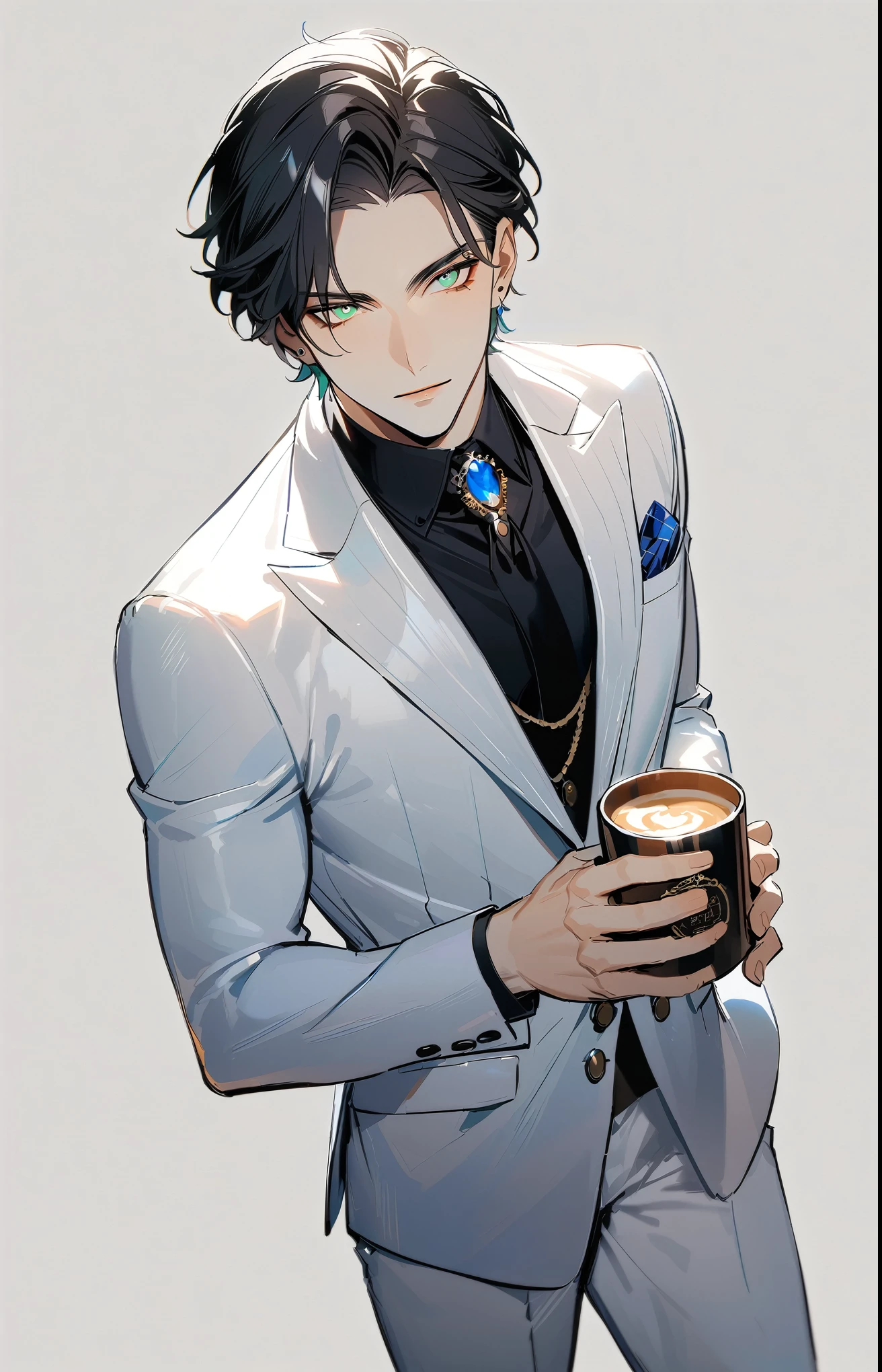 1 male, 25-year-old British male, decisive, beautiful, Tattoo, Emerald eyes, Black Hair, White suit, Black shirt, tie, English gentleman, White pants, Office President,
permanent, Holding a cup of coffee,Office President,一个现代Handsome哥,25-year-old male,Black Hair,Green Eyes,short hair,No bangs,Show forehead,Middle parted hair,young people,Dynamic Hair,Delicate face,Bright Eyes,Gem Eyes, Extremely detailed eyes, Handsome,Handsome,White skin,Single photo,Upper body photo from thigh up,Handsome哥,a beautiful man,Exquisite eyes,Carefully sculpted hair,Rich in details,permanent in front of a white background,Handsome哥,juvenile,blond,short hair,Handsome face,Handsome,Handsome,超级Handsome哥,White skin,White skin,