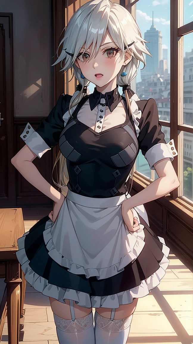 1 girl, natural light, Masterpiece, Highly detailed, illustration, CG game, nonsense, High quality, Beautifully detailed eyes, glossy lips, natural light, Medium bust, blonde hair, Low Twintails, smooth, hair between the eyes, Idol Catalyst, Ahiyori, maid, puffy short sleeves, white thigh highs, small maid apron, short hair