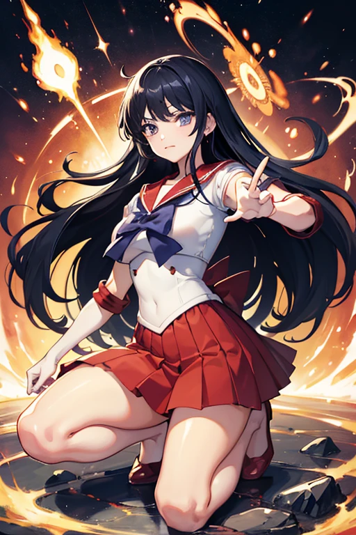 masterpiece, Highest quality, Absurd, Perfect Anatomy, One girl, alone, SM Mars, Very long hair, Parted bangs, Sailor Warrior Uniforms, Red Sailor Collar, Red Skirt, Elbow hand pockets, Get down on one knee、The uniform is cut up、Crippling、Both hands tied with rope、I have a lot of injuries、engulfed in flames、Continued one-sided attacks、