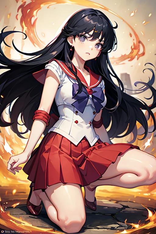 masterpiece, Highest quality, Absurd, Perfect Anatomy, One girl, alone, SM Mars, Very long hair, Parted bangs, Sailor Warrior Uniforms, Red Sailor Collar, Red Skirt, Elbow hand pockets, Get down on one knee、The uniform is cut up、Crippling、Both hands tied with rope、I have a lot of injuries、engulfed in flames、Continued one-sided attacks、