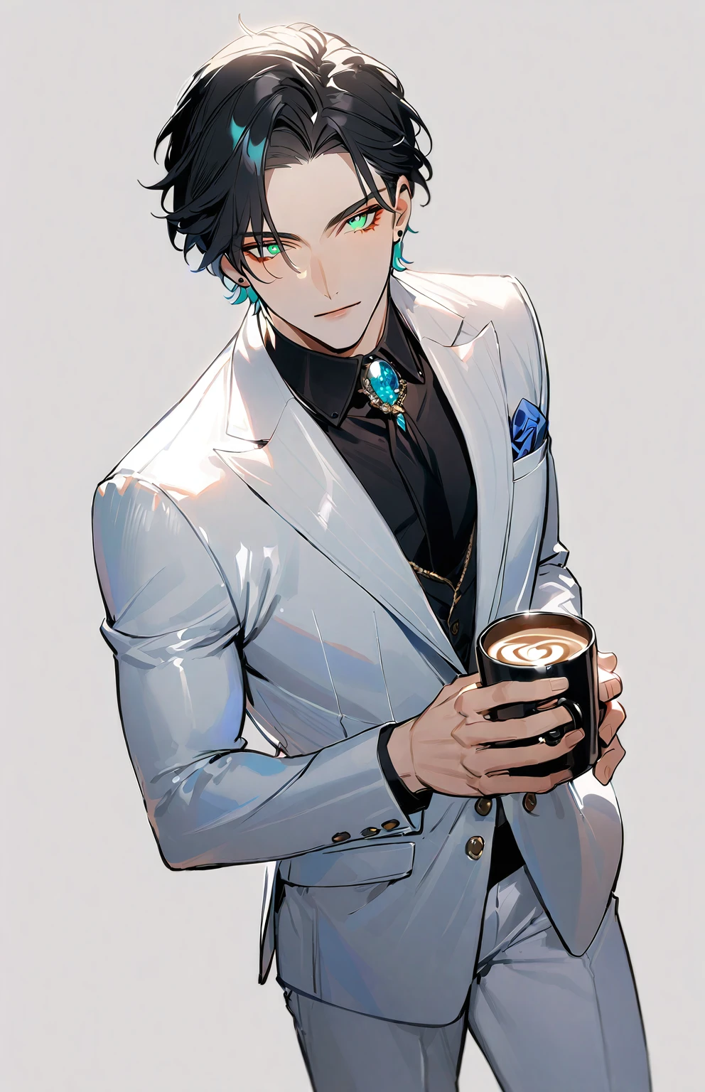 1 male, 25-year-old British male, decisive, beautiful, Tattoo, Emerald eyes, Black Hair, White suit, Black shirt, tie, English gentleman, White pants, Office President, 
permanent, Holding a cup of coffee，Office President，一个现代Handsome哥，25-year-old male，Black Hair，Green Eyes，short hair，No bangs，Show forehead，Middle parted hair，young people，Dynamic Hair，Delicate face，Bright Eyes，Gem Eyes， Extremely detailed eyes， Handsome，Handsome，White skin，Single photo，Upper body photo from thigh up，Handsome哥，a beautiful man，Exquisite eyes，Carefully sculpted hair，Rich in details，permanent in front of a white background，Handsome哥，juvenile，blond，short hair，Handsome face，Handsome，Handsome，超级Handsome哥，White skin，White skin，