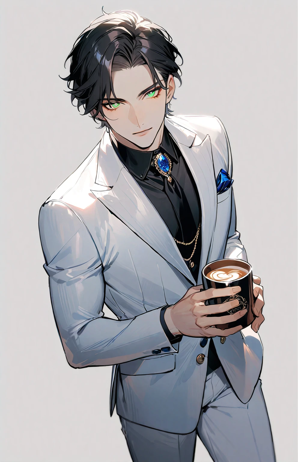 1 male, 25-year-old British male, decisive, beautiful, Tattoo, Emerald eyes, Black Hair, White suit, Black shirt, tie, English gentleman, White pants, Office President,
permanent, Holding a cup of coffee,Office President,一个现代Handsome哥,25-year-old male,Black Hair,Green Eyes,short hair,No bangs,Show forehead,Middle parted hair,young people,Dynamic Hair,Delicate face,Bright Eyes,Gem Eyes, Extremely detailed eyes, Handsome,Handsome,White skin,Single photo,Upper body photo from thigh up,Handsome哥,a beautiful man,Exquisite eyes,Carefully sculpted hair,Rich in details,permanent in front of a white background,Handsome哥,juvenile,blond,short hair,Handsome face,Handsome,Handsome,超级Handsome哥,White skin,White skin,