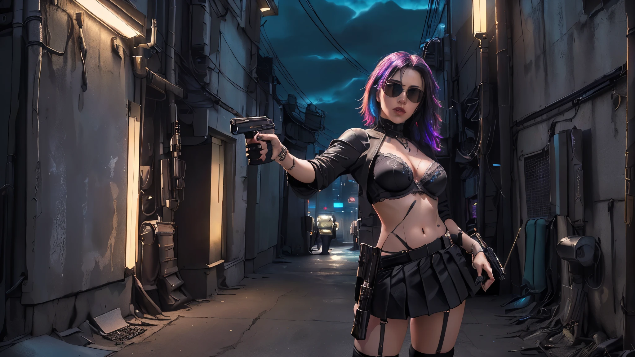 (Realistic:1.4) cyberpunk girl images, (highest quality, 8k, 32k, masterpiece) , (Dynamic pose), ((Front camera)), Cowboy Shot, Shapeless hair, Multicolored Hair, Colorful cyberpunk combat armor, Depth of written interface f/1.8, high angle view of Cyberpunk city (((((at night))))) as background. (((1girl, solo))), photo realistic, (medium-breast slim body, cleavage), (((full bra top, extreamly short pleated (((miniskirt))) exposing panty))), (((((matrix style black sunglasses))))), (((((((aiming at viewer with a (pistol), (looking at camera)))))))), (((((half-body (thigh level) medium shot))))), (cinematic lighting).