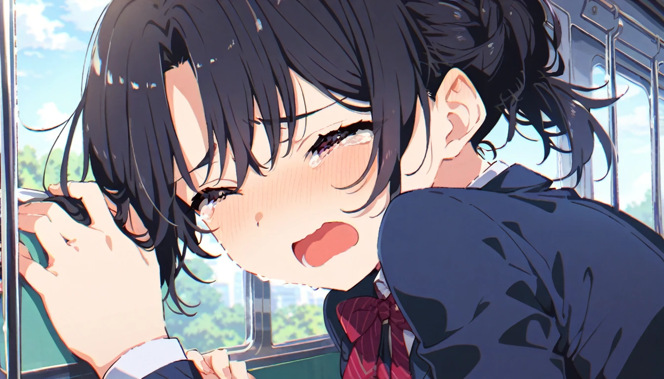 On the train, a middle-aged molester is touching the buttocks of a crying girl with short black hair and small breasts in a blazer uniform.