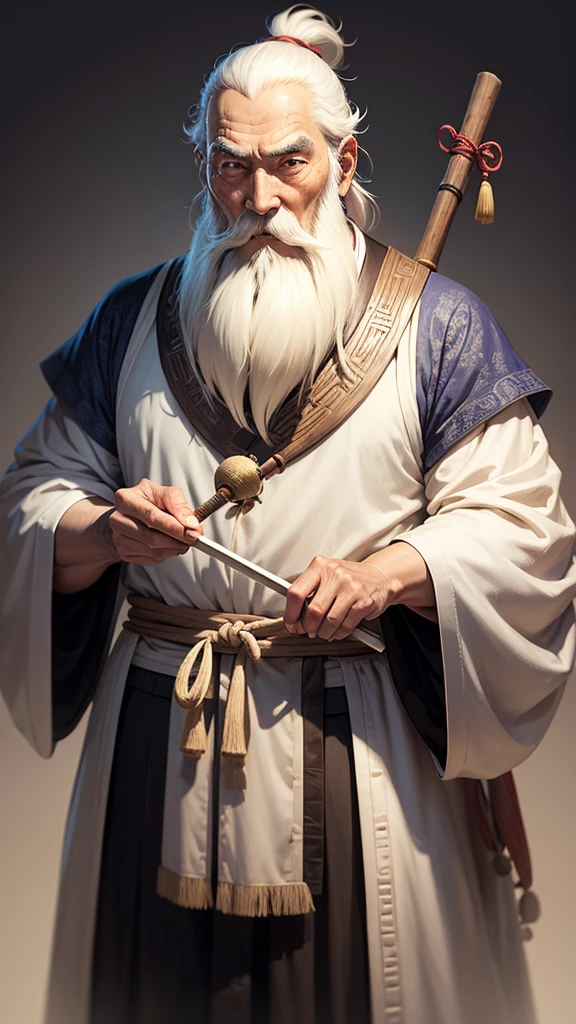 Ancient Chinese thinker, a thin old man with a long white beard, thin hair, holding a thin cane in his hand, Ghibli anime style