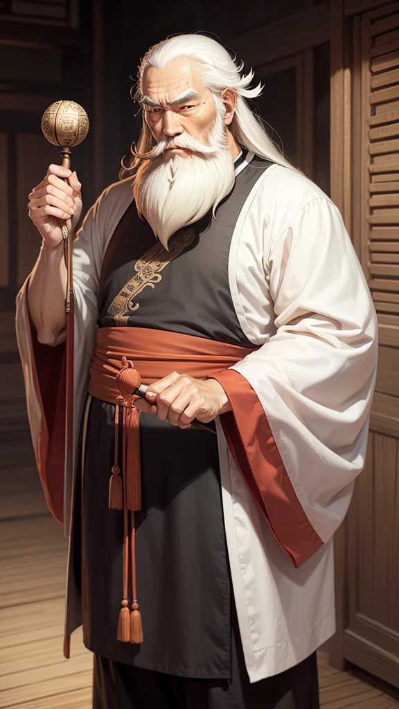 Ancient Chinese thinker, a thin old man with a long white beard, thin hair, holding a thin cane in his hand, Ghibli anime style