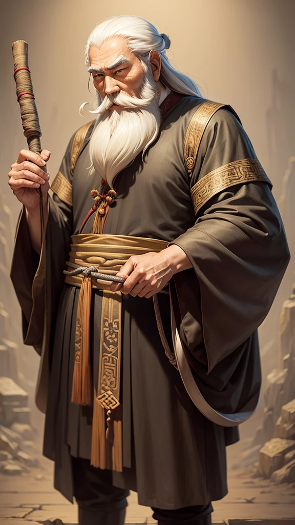 Ancient Chinese thinker, a thin old man with a long white beard, thin hair, holding a thin cane in his hand, Ghibli anime style