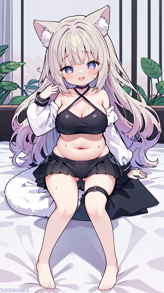 Girl lying on bed,Without shoes,Double Tail,shy,blush、masterpiece、Best image quality、Highest quality,Animal ears,Gray Hair,(White or black fishnet stockings )、Beautiful Eyes、beautiful girl、Plump Cheeks、Puffy sleeves、ribbon、cute、change、Black Leg Ring,Off the shoulder,Navel exposed,((((cute大きな胸)))),Transparent swimsuit,hairpin,bangs,((((Raise your hands above your head))),Underarm,close your eyes,(((Red face))),Open your mouth,((Sweat)),Sweating,Put your hand on your pants,Vaginal opening,Do the splits,another々Legs,2つの大きな手がfeetを掴んでいる,(((((Cleavage))))),Please raise your hand,Sweat,Sweating,Separate legs,Walnuts,Nasida,Ghost,plant,feet,posture,Yuzu,Beloved Students,Sticking out tongue,,