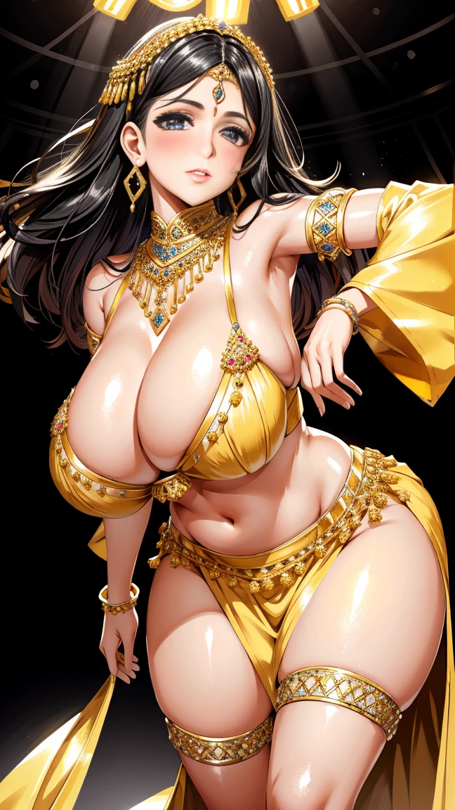 Sexy middle eastern woman, lots of jewellery, yellow blouse and skirt, amazing makeup, beautiful face, kind eyes, intricate dance, traditional look and dance,(huge perky breasts, deep cleavage, bend over, huge round buttocks) looking back, backside, pov from below 