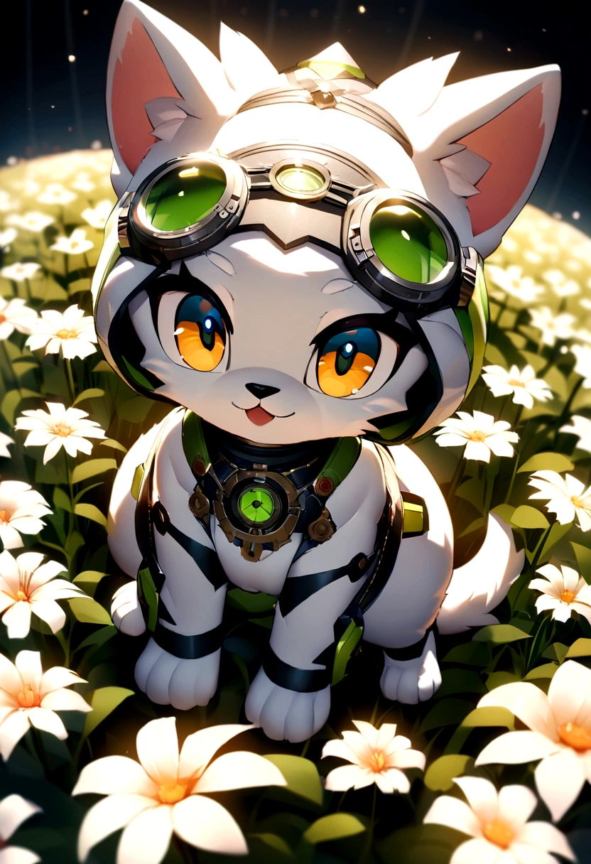 Very cute furry white tropical punk kitten，big eyes，Flower Field，whole body，Mouth，Smiling，Professional lighting，Vision，Depth of Field，8K，Wide-angle, high-angle view，Professional photography，Octane Rendering，Best quality，masterpiece，