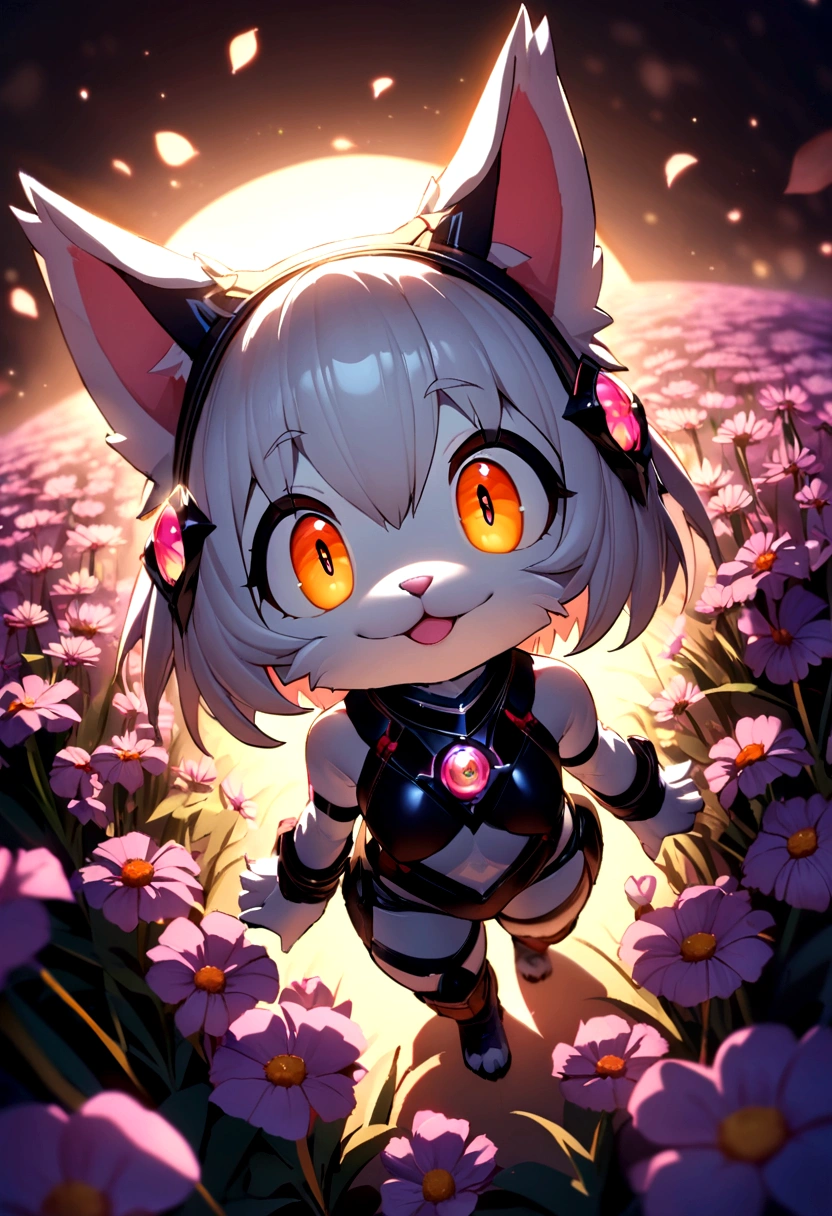 Very cute furry white tropical punk kitten,big eyes,Flower Field,whole body,Mouth,Smiling,Professional lighting,Vision,Depth of Field,8K,Wide-angle, high-angle view,Professional photography,Octane Rendering,Best quality,masterpiece,