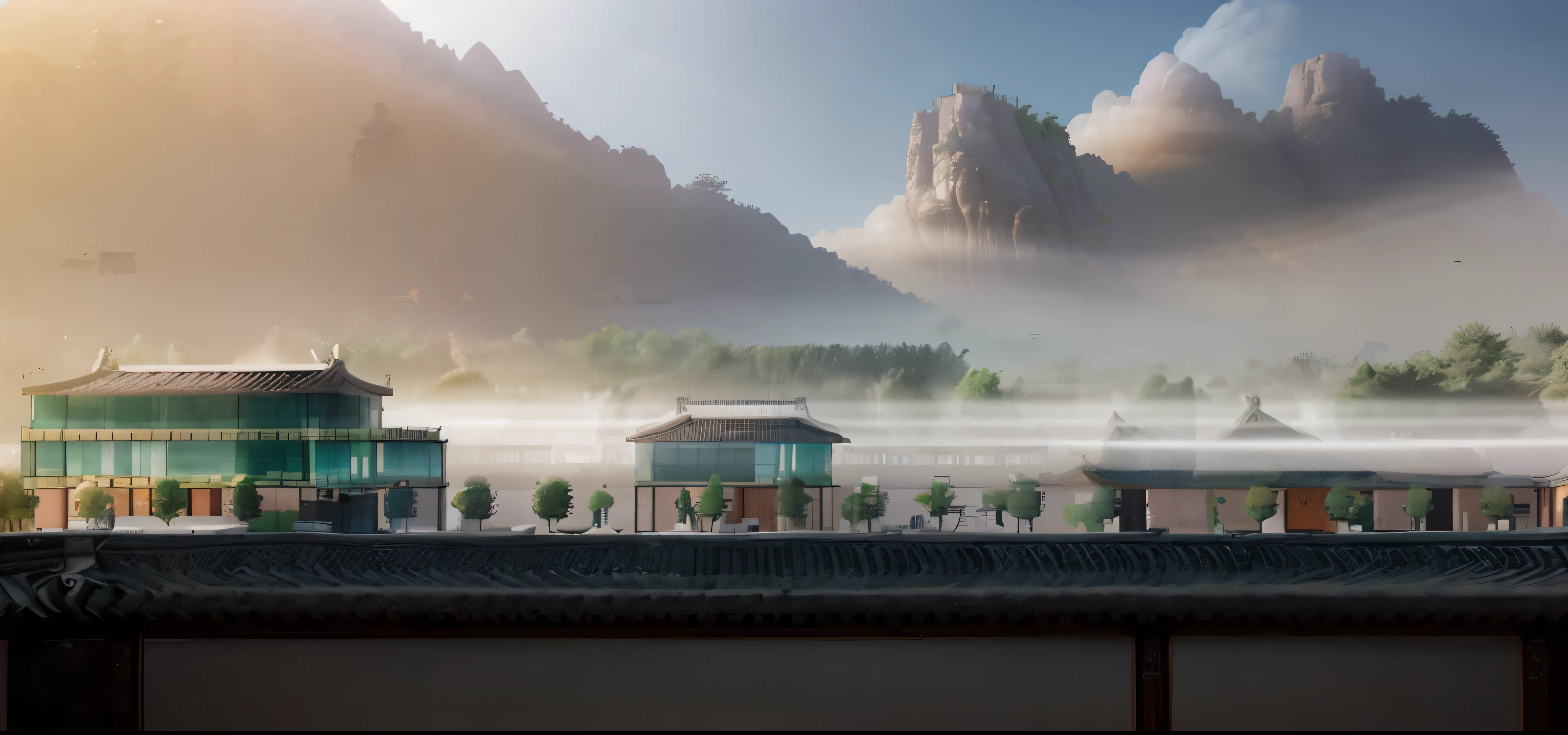 Highest quality,Chinese Ink Painting,antiquity,Urban antiquity architecture,Rectangular architecture,People view,Glass facades,Clean sky,Clean glass,Trees,Soft sunlight,Decorative Arts,Sloped roof,Best quality,Architectural Photography,Photorealism,Hyperrealism,Ultra Detailed,V-ray,(architectural design),There is sunset,There is sunset