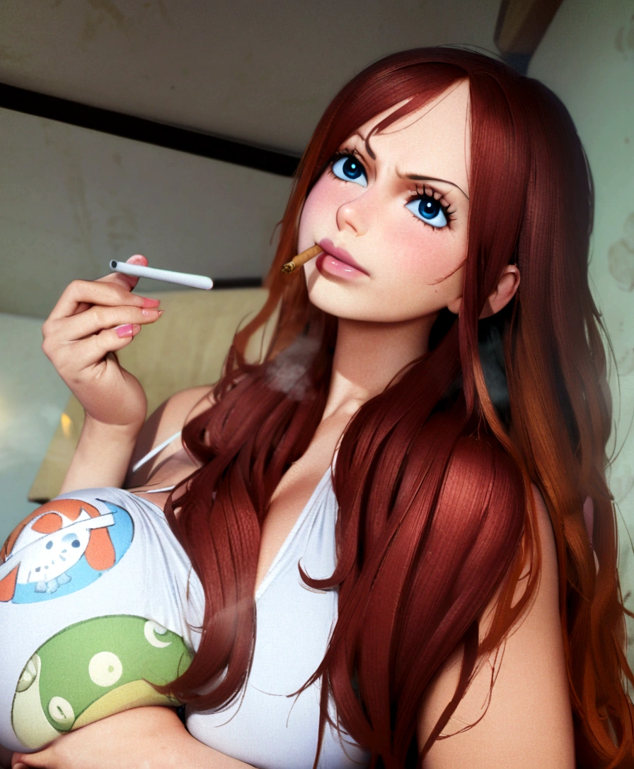 a cartoon picture of a woman in a bikini top and jeans, nami one piece, nami from one piece, nami, beautiful portrait of nami, from one piece, oppai, blue eyes, smoking, ponytail