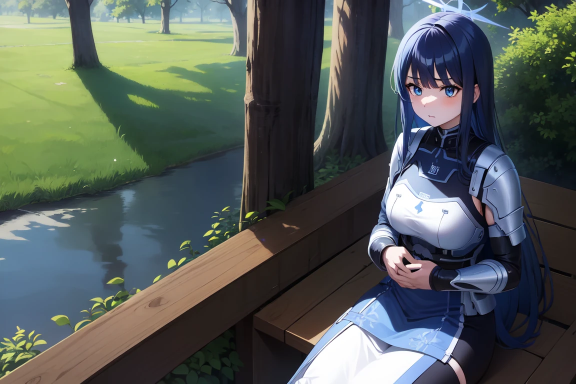 1girl,solo, saorijoumae, saori joumae, blue eyes, blue hair, halo, long hair, sitting, looking at viewer, adventurer clothes, light armor, outdoors, upper body