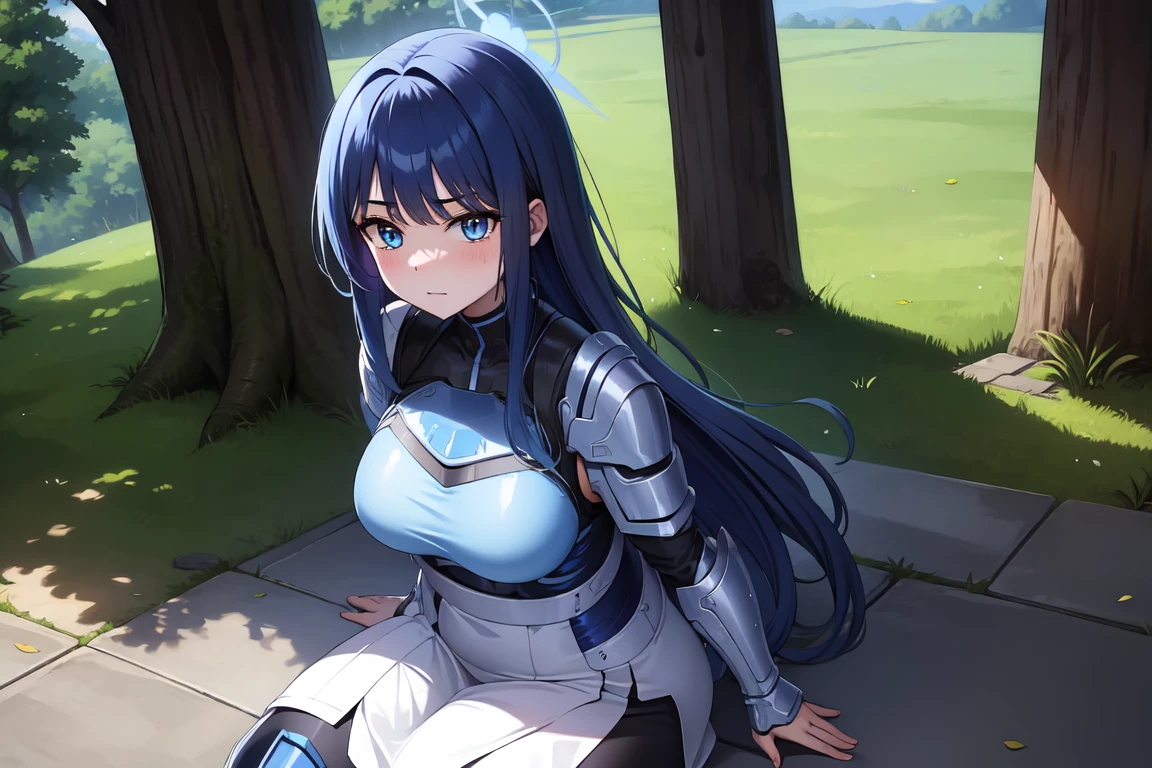 1girl,solo, saorijoumae, saori joumae, blue eyes, blue hair, halo, long hair, sitting, looking at viewer, adventurer clothes, light armor, outdoors, upper body