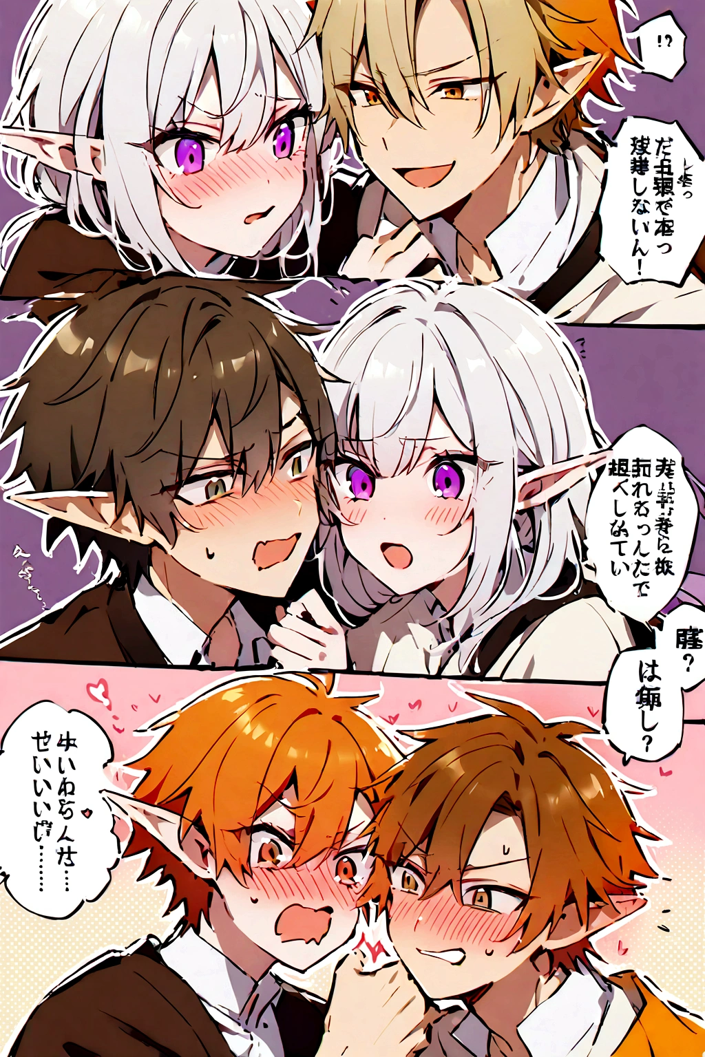 A beautiful girl and a handsome boy(their a couple),the girl has: short white hair,pointy elf ears,and violet eyes,the boy has messy Orange hair,and ash brown eyes (the boy is teasing the girl, who's blushing angrily)