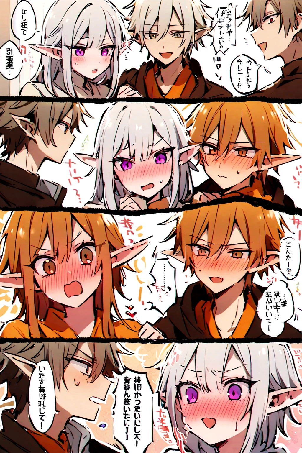 A beautiful girl and a handsome boy(their a couple),the girl has: short white hair,pointy elf ears,and violet eyes,the boy has messy Orange hair,and ash brown eyes (the boy is teasing the girl, who's blushing angrily)