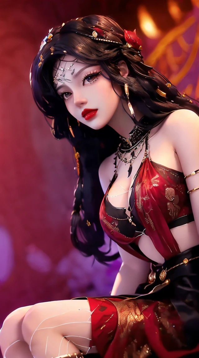 1 beautiful and sexy 20 year old girl, ((wearing a super thin red dress:1.6)), dress with diamonds, ((long purple-black hair:1.6)), bangs, elaborate jewelry made from stones noble and beautiful hair, ((wearing a black lace necklace:1.4))), noble, noble style of an extremely beautiful girl, super cute little face, very pretty face, fur thin eyebrows, flawless beautiful face, ((black eye pupils: 0.8)), very beautiful eyes, ((black eyes: 1.6)), beautiful makeup and detailed hairdo, eyelashes, eye makeup wet, high nose, earrings, red lips, ((closed mouth: 1;5 )) beautiful lips, slim arms, most beautiful thighs, ((arms spread to the sides: 1.5) ), rosy face, clean face, beautiful flawless face, smooth white skin, (big breasts: 1.5)), ((high breasts: 1.6) ), firm breasts, nice cleavage, (((big and super round breasts: 1.8))), ((super firm breasts: 1.7)) , beautiful breasts, perfect body, (((sitting position, leaning back and leaning back with hands :1.5))), ((chest puffed out : 1.5)), don't be shy, 8k photos, super high quality, super realistic, super 10x pixels, optical, bright studio, bright edges, two-tone lighting, (high detail skin:1.2), super 8k , soft light, high quality, volumetric light, optical, optical high resolution, light, best photo, 4k, 8k quality, blur effect, smooth sharpness, 10 x pixel , ((red flowers background:1.5)), aurora, lightning, super realistic graphics, most realistic graphics, alone, solo, Extremely sharp, surreal images, (((frontal portrait : 1.6)))."
