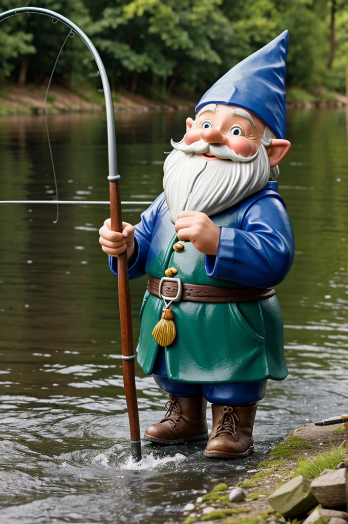 Fairytale character , good gnome . smiling.  Fishing rod in hand. on riverside. Big fish 