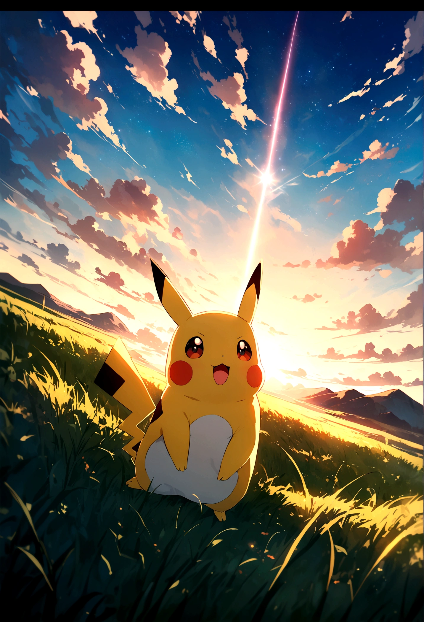 Very beautiful sky Pikachu is looking up at the sky in the grassland