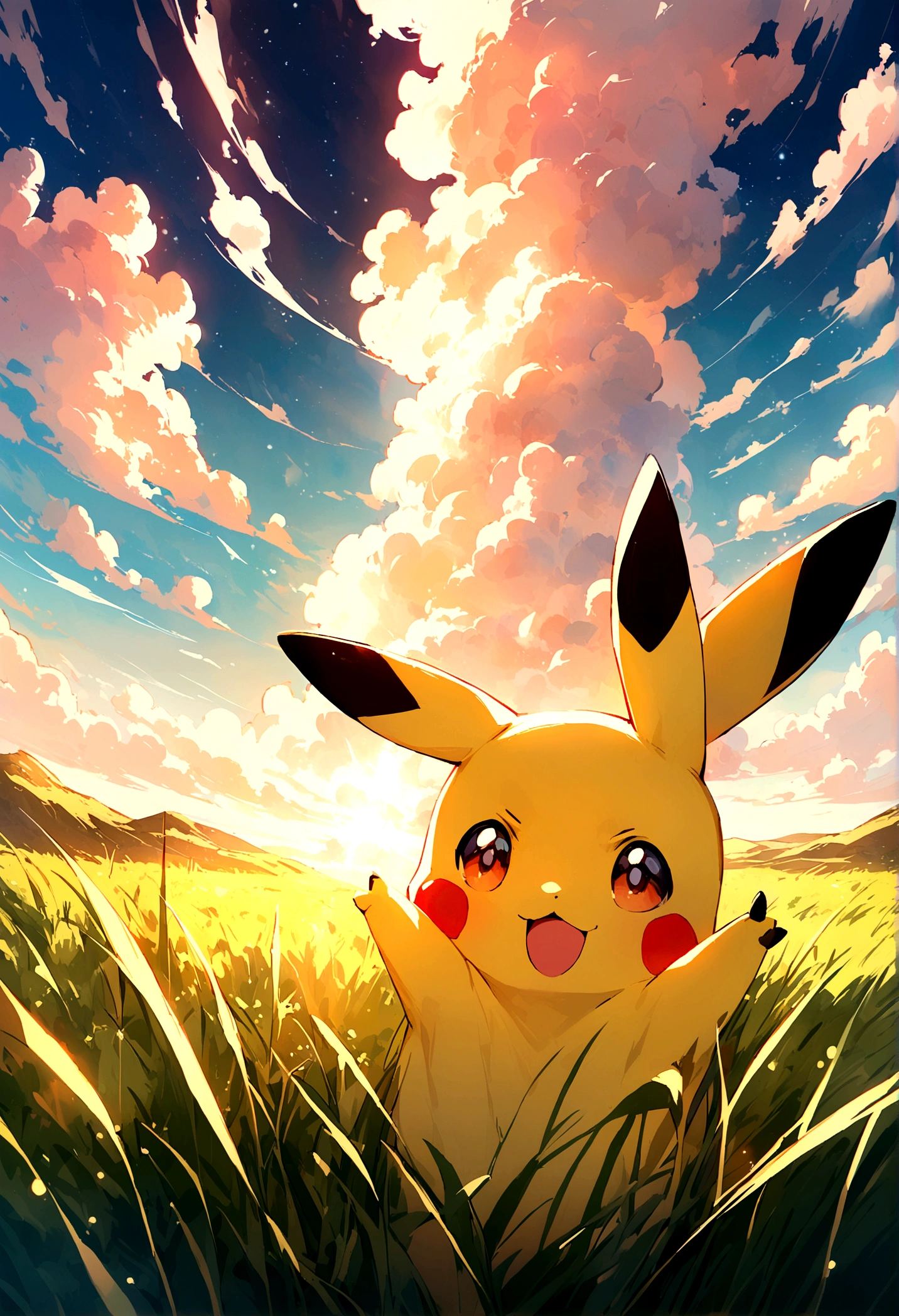 Very beautiful sky Pikachu is looking up at the sky in the grassland