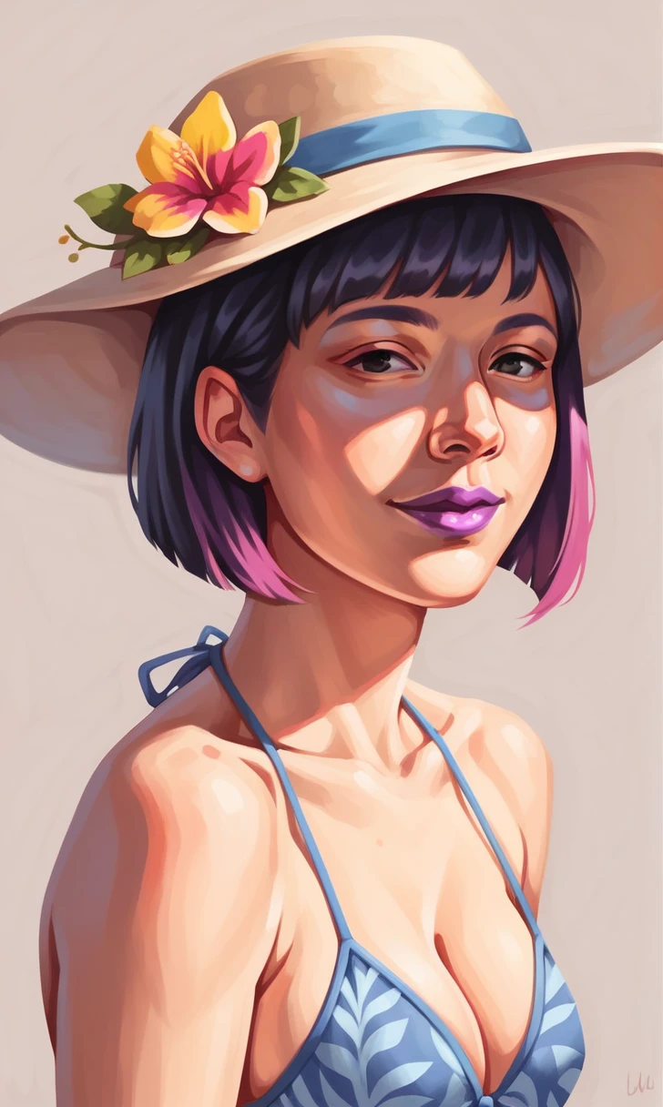 score_9, score_8_up, score_7_up, r1s0, 1girl, simple background, Asian, bikini, sunny, lovely, bob cut hair, sun hat, gentle smile, purple lips, black eyes,