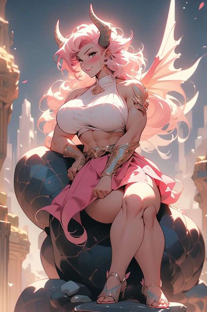 muscular, tall, giant, dragon, woman, voluptuous, sinuous, pink hair, large dragon wings, sidecut, shaved, bikini, mini skirt, scales, dragon tail, dragon horns, silly, smirk, sitting on a stone, tall, giant, colossal, 900 meters tall