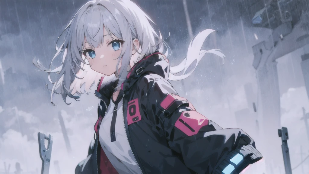 Very detailed, Detailed Background, One girl, alone, rain, Beautiful light, Unique angle, cyber punk, Grey Hair, Medium Hair, blue eyes, Floating Hair, Jacket,