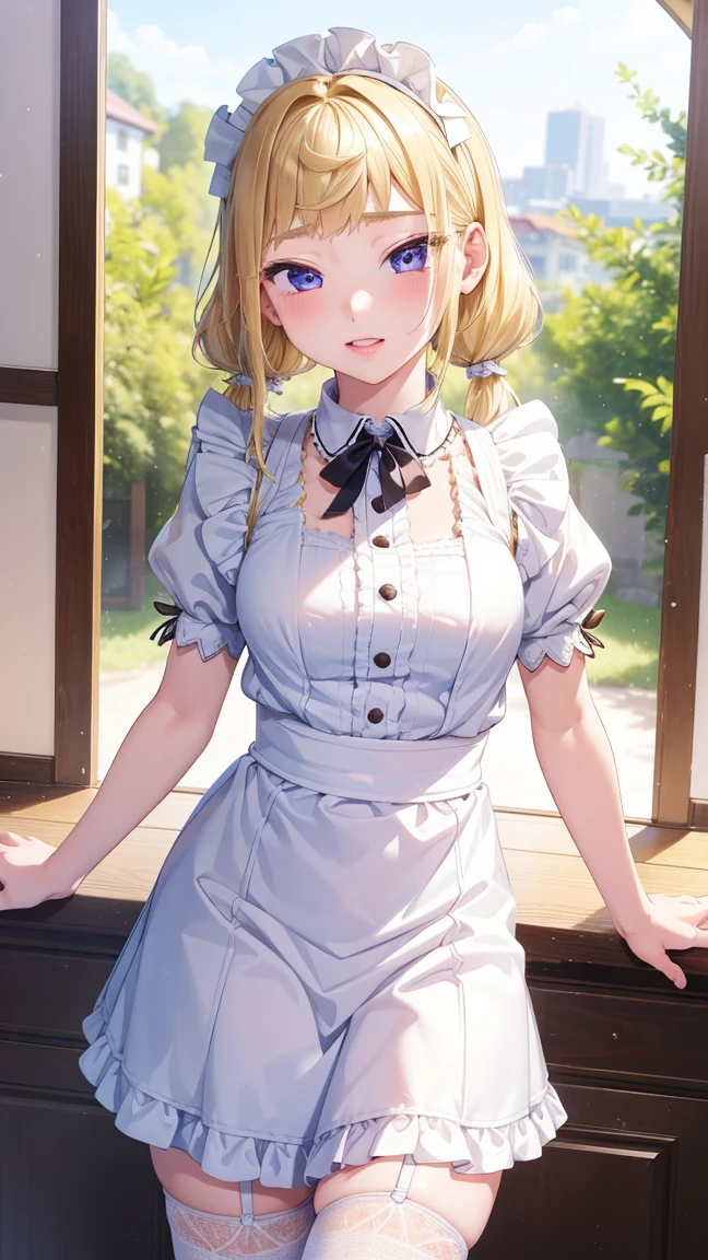 1 girl, natural light, Masterpiece, Highly detailed, illustration, CG game, nonsense, High quality, Beautifully detailed eyes, glossy lips, natural light, Medium bust, blonde hair, Low Twintails, smooth, hair between the eyes, Idol Catalyst, Ahiyori, maid, puffy short sleeves, white thigh highs, small maid apron, short hair