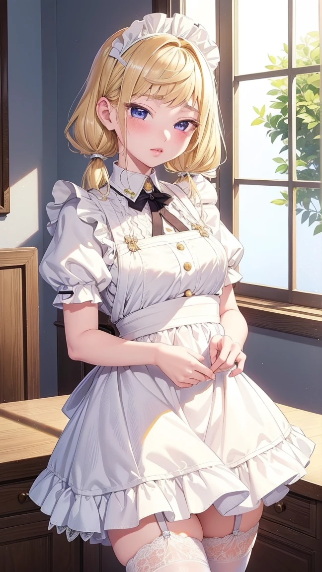 1 girl, natural light, Masterpiece, Highly detailed, illustration, CG game, nonsense, High quality, Beautifully detailed eyes, glossy lips, natural light, Medium bust, blonde hair, Low Twintails, smooth, hair between the eyes, Idol Catalyst, Ahiyori, maid, puffy short sleeves, white thigh highs, small maid apron, short hair