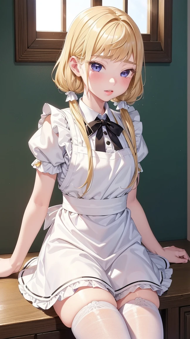 1 girl, natural light, Masterpiece, Highly detailed, illustration, CG game, nonsense, High quality, Beautifully detailed eyes, glossy lips, natural light, Medium bust, blonde hair, Low Twintails, smooth, hair between the eyes, Idol Catalyst, Ahiyori, maid, puffy short sleeves, white thigh highs, small maid apron, short hair