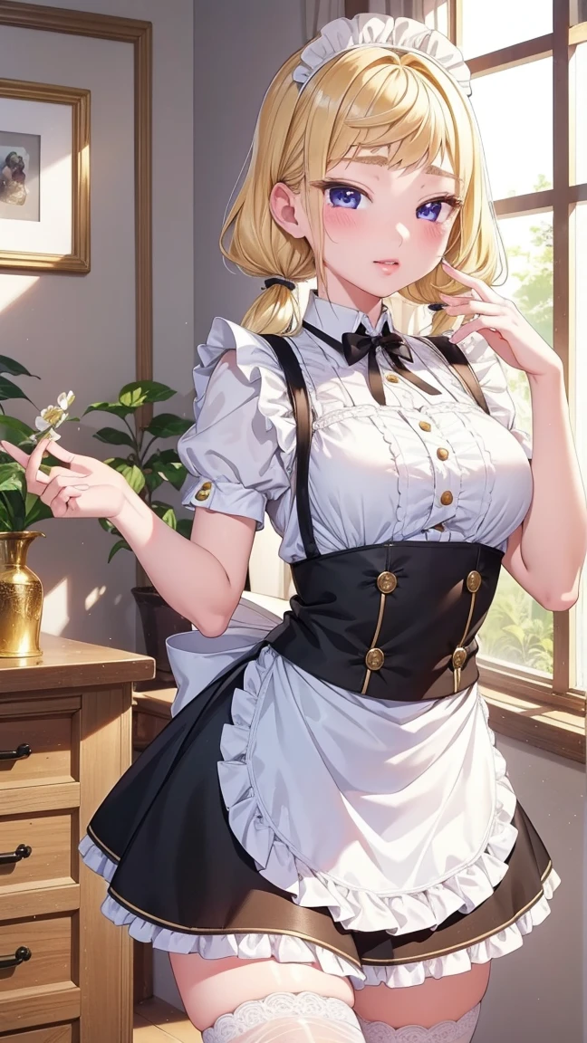 1 girl, natural light, Masterpiece, Highly detailed, illustration, CG game, nonsense, High quality, Beautifully detailed eyes, glossy lips, natural light, Medium bust, blonde hair, Low Twintails, smooth, hair between the eyes, Idol Catalyst, Ahiyori, maid, puffy short sleeves, white thigh highs, small maid apron, short hair