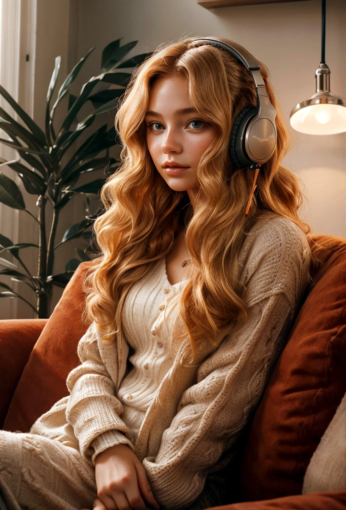 A captivating close-up portrait of a stylish 18-year-old girl, with vibrant orange-blonde wavy hair and flawless, radiant skin. She is deeply engrossed in her music, wearing fashionable summer attire and headphones. The photograph is taken in a cozy coffee shop with a Nordic-inspired interior, featuring warm lighting and a plush red sofa. The girl is set against a backdrop of soft hues, creating a serene and dreamy ambiance, perfect for a fashion or product photography shoot. The image is rendered with a cinematic touch, emphasizing the beauty and elegance of the subject.