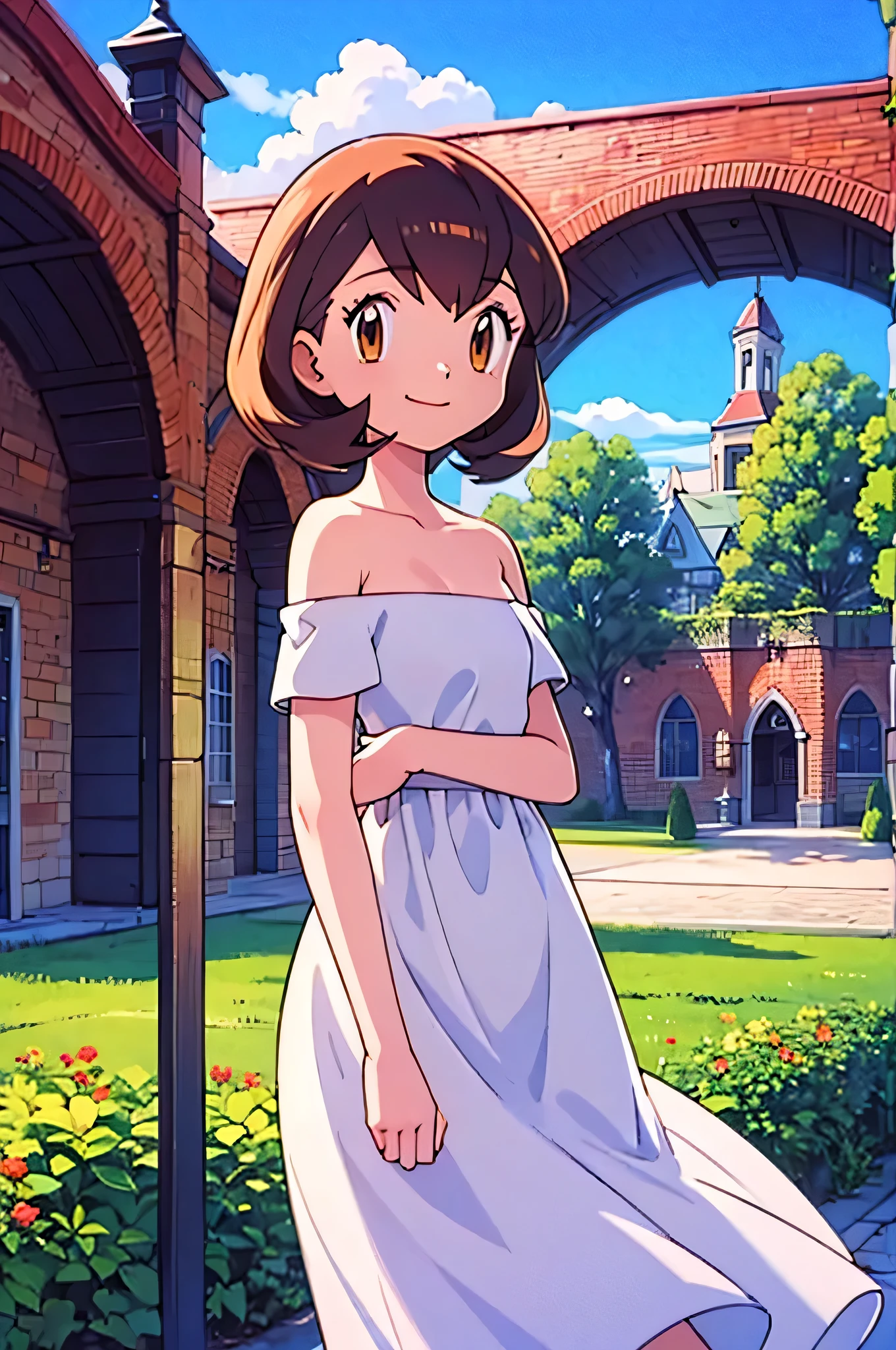 masterpiece, best quality, highres, outdoors, small breasts, 1 girl, Solo, Pokemon Heroes (Bianca), Brown Eyes, Beautiful Detail Eyes, Brown Hair, hands are down, Smile, Bare Neck, Bare Shoulders, strapless, White Ruffle Off-the-Shoulder maxi dress. light smile, intricate details, sharp focus, high resolution, sunlight, standing outside the Werribee Park Mansion, and a beautiful garden, cowboy shot, blue skies and clouds, cinema lighting
