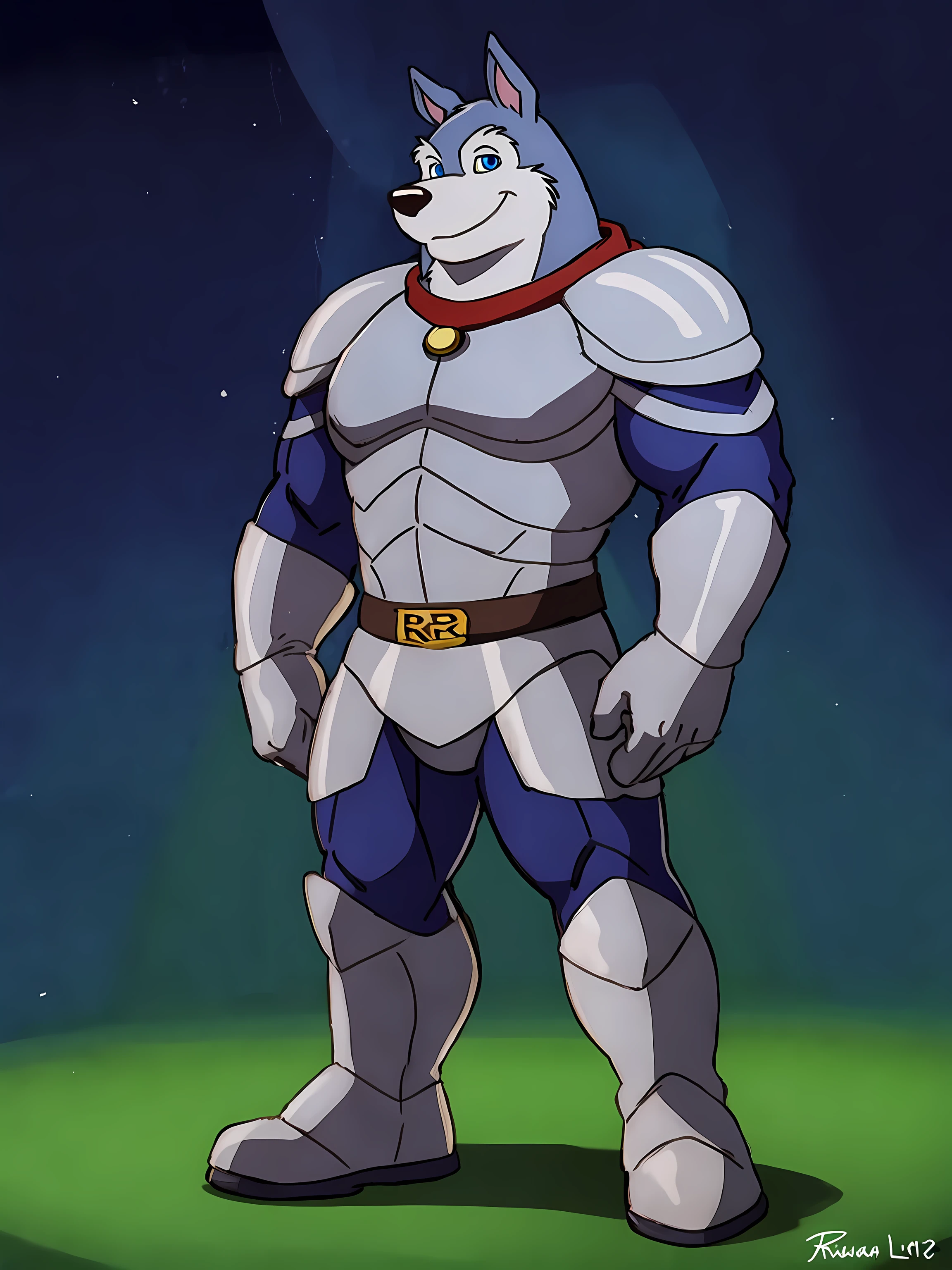 Exile (Road Rovers), blue fur, white fur, anthro, pointy ears, dog, solo, full body, muscular, pectorals, red dog collar, pet tag coin, smile, high quality, best resolution, cel shaded, (blue eyes, detailed eyes):1.1, silver uniform, silver armor, silver gloves, silver boots, red belt, simple background, standing, looking at camera, by wfa, by rossciaco, by taran fiddler